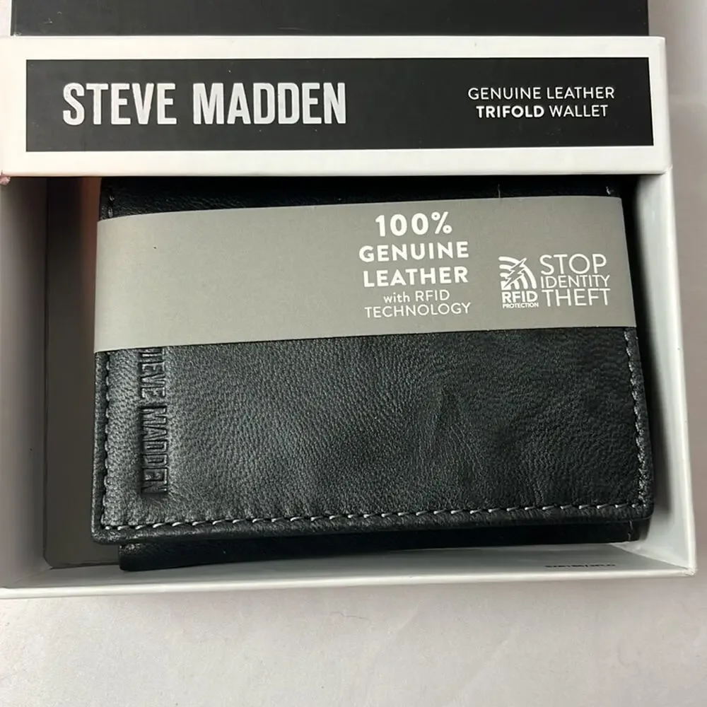 Steve Madden Genuine Leather Trifold Wallet Black 4”x3”